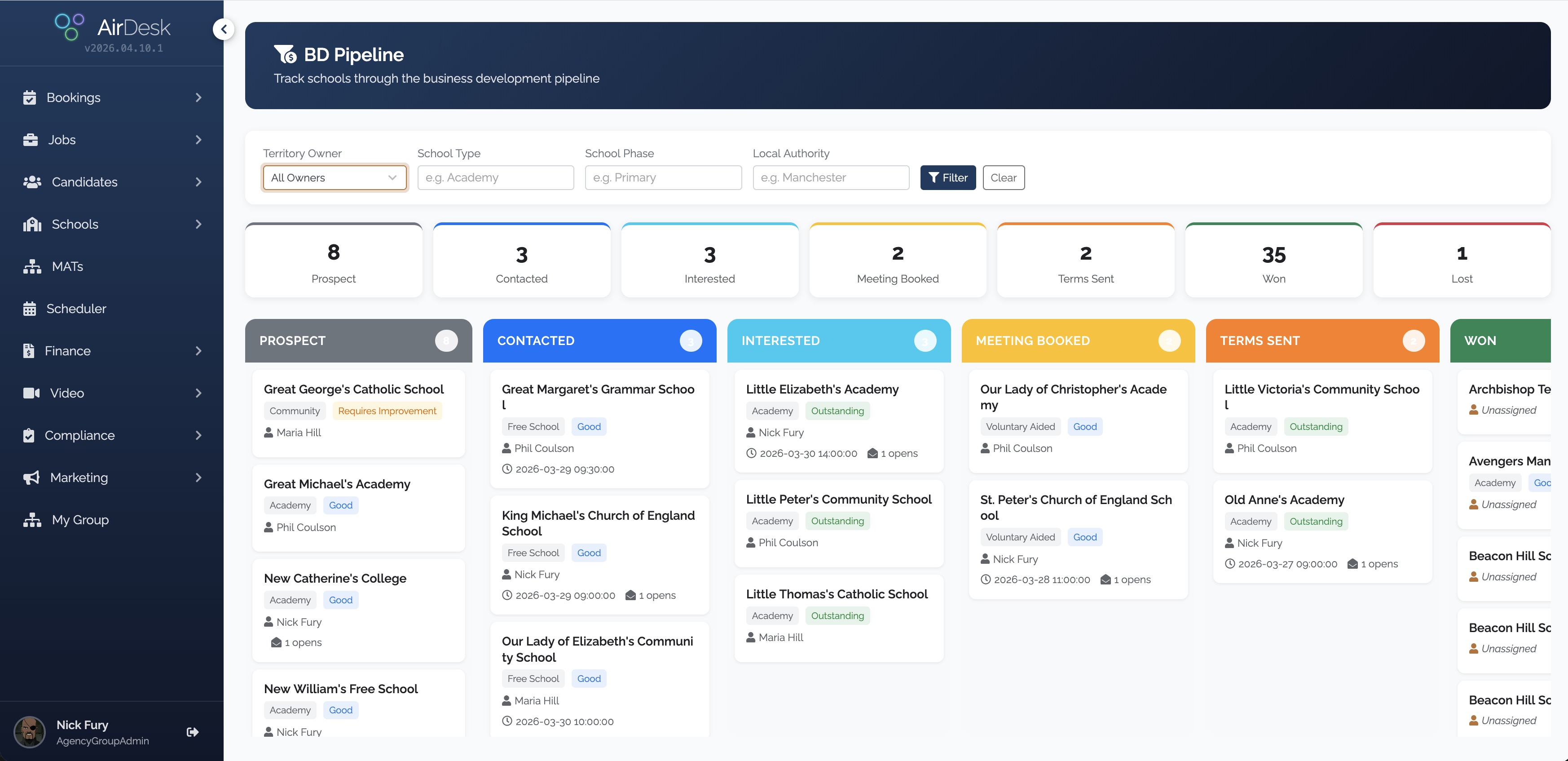 FullDesk AI Business Development pipeline — Kanban board tracking schools from Prospect to Won with territory management and AI-personalised outreach